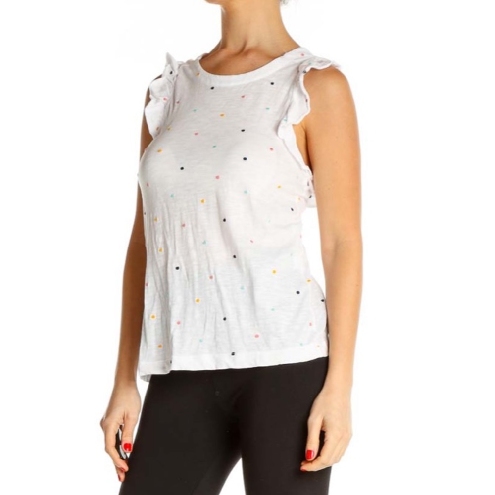 LOFT White Multi-Colored Embroidered Polka Dot Ruffle Top